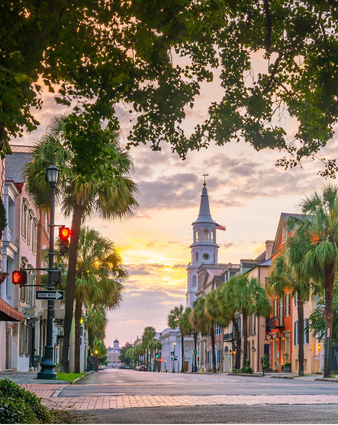 Historic buildings in Charleston, SC at sunset